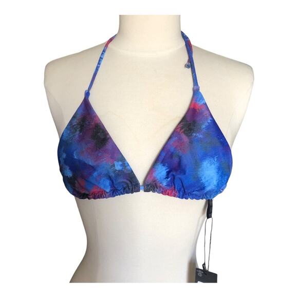 Pretty Little Things NWT Blue Acid Wash Contrast Tie Triangle Bikini Top Size 6 - Picture 2 of 14